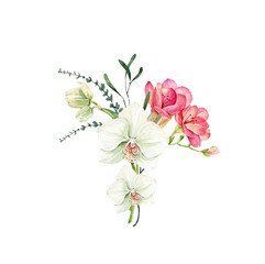 delicate watercolor bouquet with white orchid flower. watercolor illustration, hand painted for weddings and invitations.	

