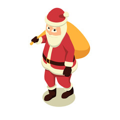 Santa Claus with a bag in isometric view. Cartoon Santa is walking with a sack of gifts.