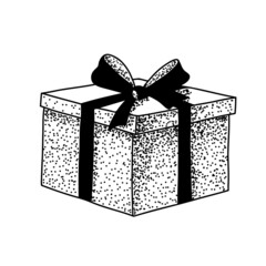 Vector illustration of Gift Box. Doodle hand drawn drawing of Present with a ribbon. Black contour line on white isolated background