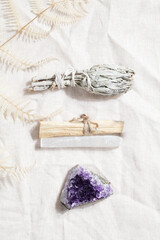 Palo Santo sticks with selenite, dried sage and druse amethyst, magic rock for ritual,...