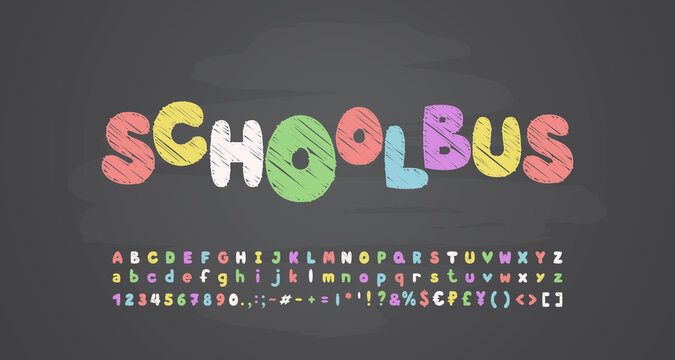 Multicolor school chalk bubble font, uppercase and lowercase letters, numbers, punctuation marks, math and currency symbols. Realistic chalkboard background
