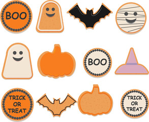 Vector isolated Halloween set Gingerbread cookies, pumpkin, bat, hat, lettering, ghost