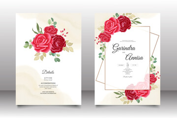  Elegant wedding invitation card with beautiful red floral and leaves template Premium Vector