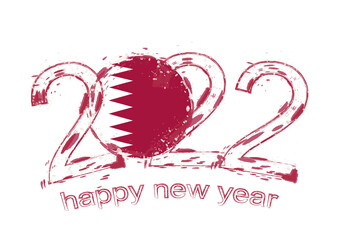 Happy New 2022 Year with flag of Qatar.