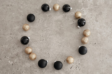 Round Christmas composition with empty center. Free space for text or logo, copy space. Flat lay, top view.