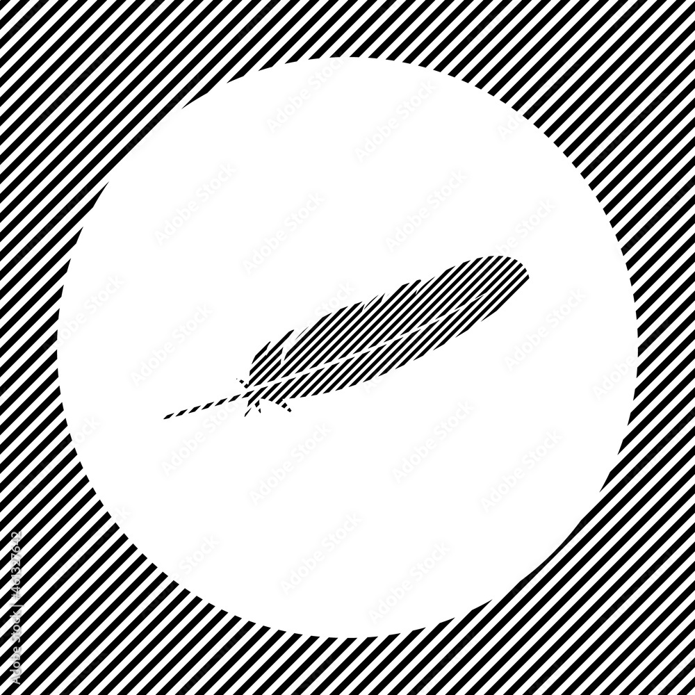 Poster a large feather symbol in the center as a hatch of black lines on a white circle. interlaced effect.