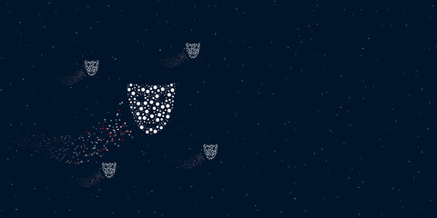 Fototapeta na wymiar A theatrical mask filled with dots flies through the stars leaving a trail behind. Four small symbols around. Empty space for text on the right. Vector illustration on dark blue background with stars