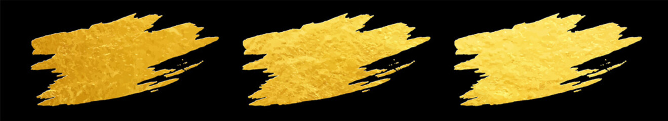 Gold brushstroke. Set of vector template for design. Stain of metallic paint on a black background. Sticker, flyer. Hand drawn golden texture. Gold paint. Luxury backdrop. Empty blank for text.	