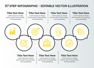 7 Steps Infographics Design Template - Graph, Pie chart, workflow layout, squire diagram, brochure, report, presentation, web design. Editable Vector illustration