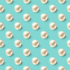 Realistic pearls over turquoise background. Vector seamless pattern