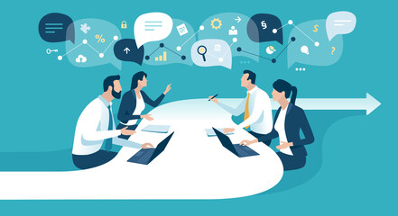 Progress. Business plan. The team sits around the arrow sign and discusses the business strategy and progress. Vector illustration.