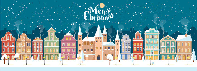 Snowy Christmas night in cozy town city panorama with castle. Winter village landscape, flat style, Merry Christmas lettering, vector illustration