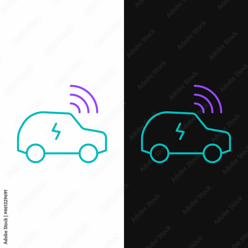 Poster line smart car system with wireless connection icon isolated on white and black background. remote c