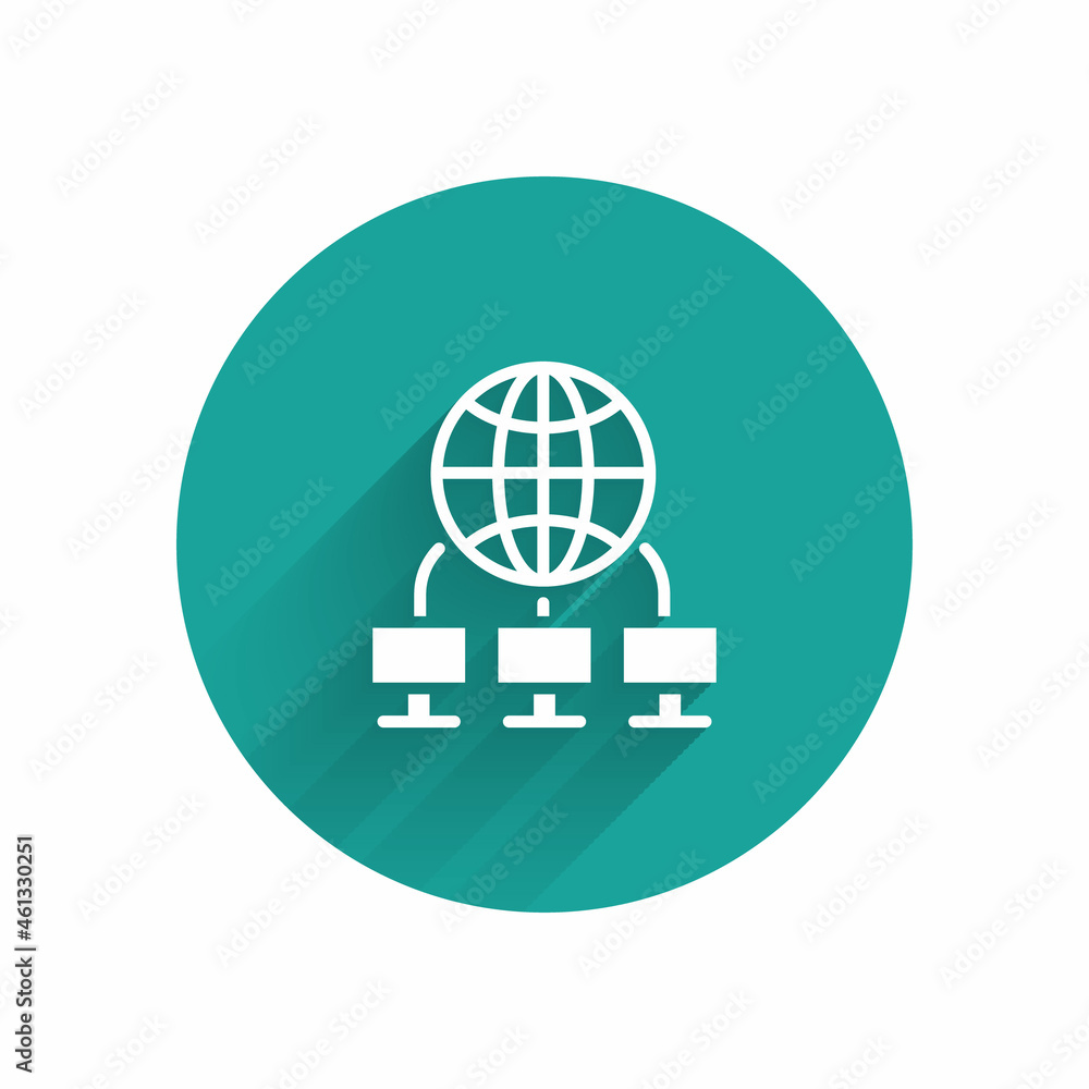 Poster white computer network icon isolated with long shadow. laptop network. internet connection. green ci