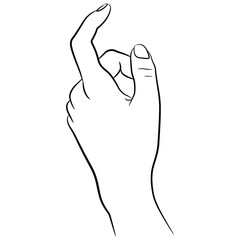 Beautiful relaxed female hand with bent index finger. Click or press the button gesture. Black and white linear silhouette.