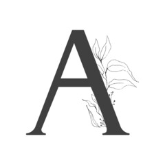 Vector flower alphabet. Design of letter A. Decoration of wedding invitations, cards, business cards of florists. Delicate twigs and leafs in a line art style