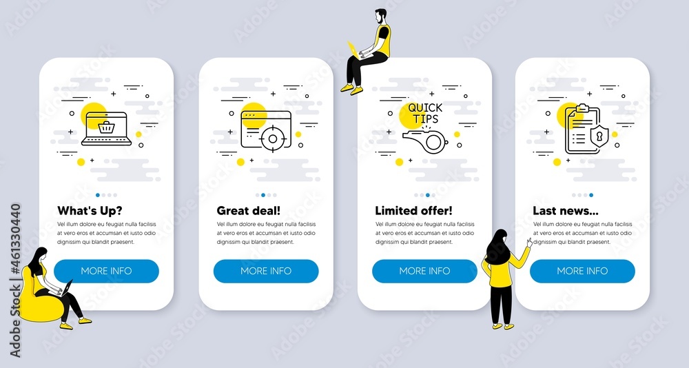 Poster vector set of technology icons related to online shopping, tutorials and seo targeting icons. ui pho