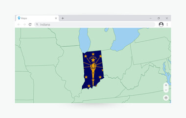 Browser window with map of Indiana, searching  Indiana in internet.