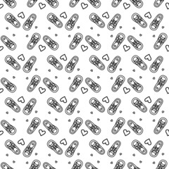 Seamless contour sneakers doodle background with hearts. Cartoon sketch vector illustration.