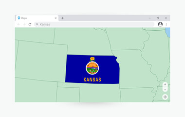 Browser window with map of Kansas, searching  Kansas in internet.