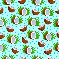 Fruit seamless pattern. Summer vector background with half coconut and palm leaves on blue backdrop. For the design of fabrics, packaging and wallpaper.