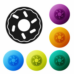 Obraz premium Black Donut with sweet glaze icon isolated on white background. Set icons in color circle buttons. Vector