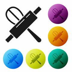 Black Kitchen whisk and rolling pin icon isolated on white background. Cooking utensil, egg beater. Cutlery sign. Food mix symbol. Set icons in color circle buttons. Vector