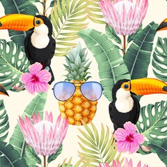 Vector seamless pattern with toucan and flowers - 461331660