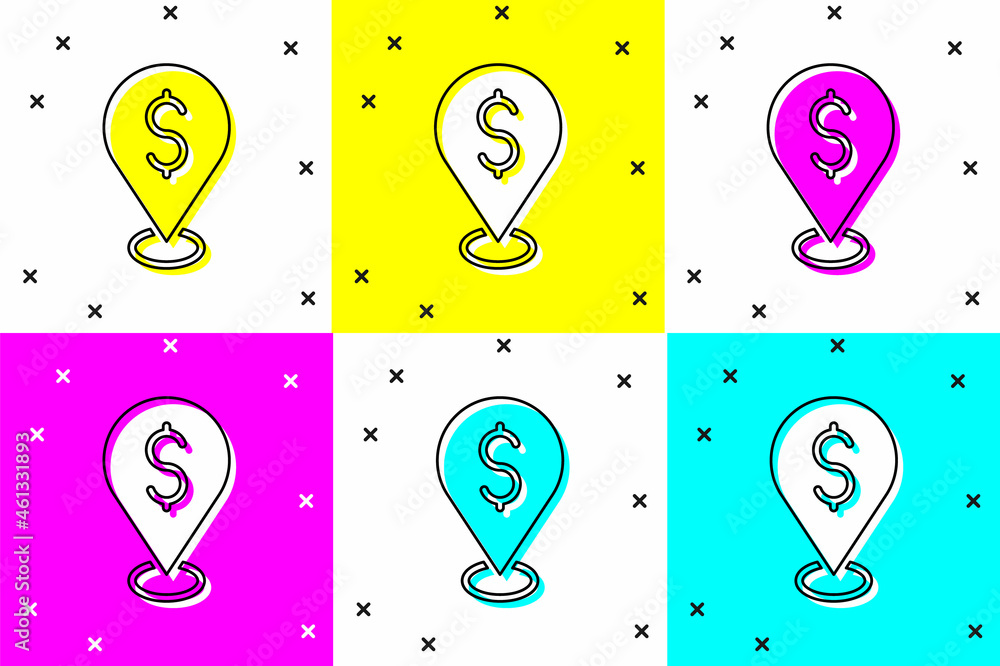 Poster set cash location pin icon isolated on color background. pointer and dollar symbol. money location. 