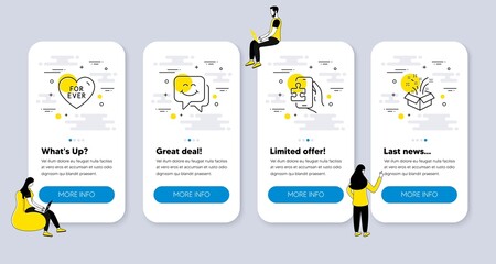 Vector Set of Holidays icons related to For ever, Puzzle game and Smile face icons. UI phone app screens with people. Gift line symbols. Love sweetheart, Phone jigsaw, Chat. New year. Vector