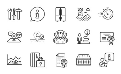 Line icons set. Included icon as Flexible mattress, Collagen skin, Reject certificate signs. Timer, Spanner tool, Smile symbols. Trade infochart, Job interview, Group. Blocked card. Vector