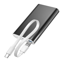 Power bank with USB tupe C cable isolated on white background