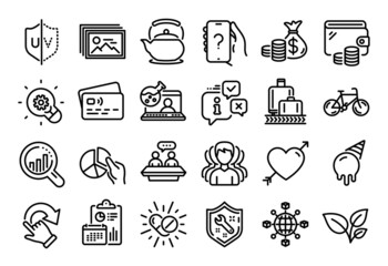 Vector set of Leaves, Pie chart and Medical drugs line icons set. Calendar report, Money wallet and Credit card tag. Group, Rotation gesture and Seo analysis icons. Vector