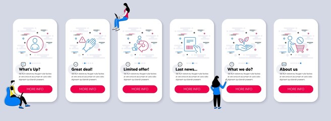 Set of People icons, such as Helping hand, Parcel invoice, Delegate work icons. UI phone app screens with teamwork. Avatar, Use gloves, Stop shopping line symbols. Vector