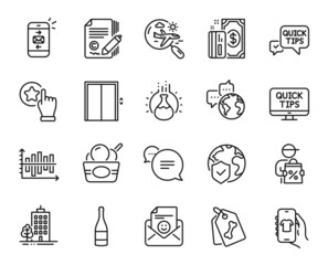 Vector set of Search flight, Copywriting and Payment line icons set. Shop app, Chemistry experiment and Pet tags icons. Champagne bottle, Smile and Rate button signs. Search flight web symbol. Vector