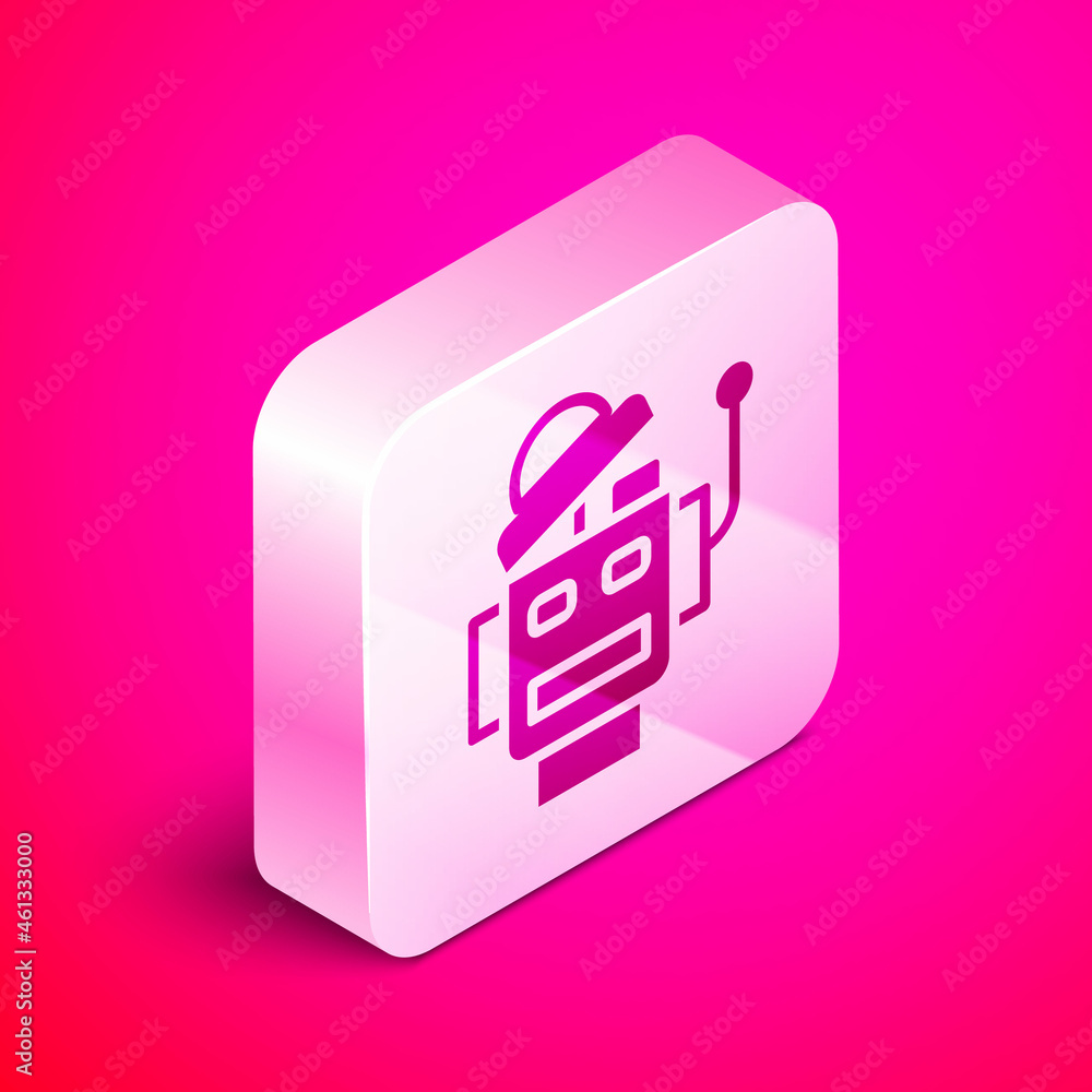 Poster isometric robot icon isolated on pink background. artificial intelligence, machine learning, cloud c
