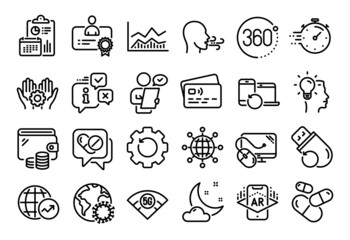 Vector set of Capsule pill, World statistics and Trade infochart line icons set. Calendar report, Money wallet and Credit card tag. Medical drugs, Recovery devices and Flash memory icons. Vector