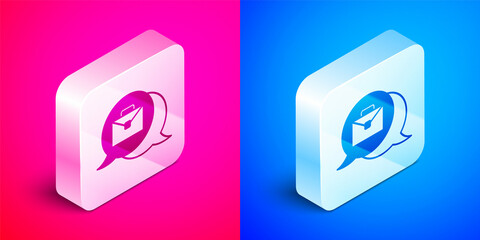 Isometric Online working icon isolated on pink and blue background. Freelancer man working on laptop at his house. Remote work. Distant job concept. Silver square button. Vector