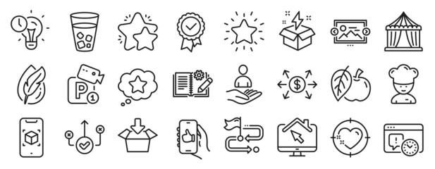 Set of Business icons, such as Like app, Parking security, Work home icons. Time management, Circus tent, Get box signs. Project deadline, Engineering documentation, Rank star. Apple. Vector