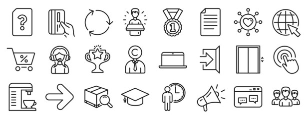 Set of line icons, such as Search package, Recycling, Waiting icons. Copyrighter, Victory, Dating network signs. Internet, Exit, Lift. Megaphone, Laptop, Brand ambassador. Special offer. Vector