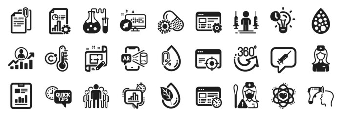 Set of Science icons, such as Chemistry lab, Nurse, Augmented reality icons. Career ladder, Hospital nurse, No alcohol signs. Report document, Architect plan, Report. Web settings, Atom. Vector