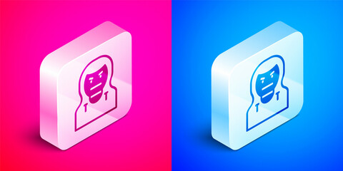 Isometric Thief mask icon isolated on pink and blue background. Bandit mask, criminal man. Silver square button. Vector