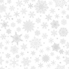 Christmas seamless pattern of big and small complex snowflakes in gray and white colors. Winter background with falling snow