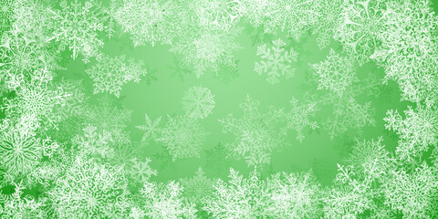 Christmas background of big complex snowflakes in green colors