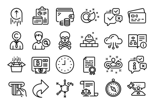 Vector set of Construction bricks, Certificate diploma and Paint brush line icons set. Calendar report, Money wallet and Credit card tag. Bitcoin atm, Travel compass and Chemical formula icons. Vector