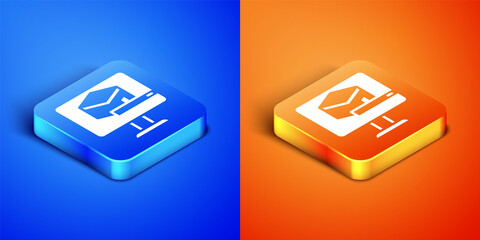 Isometric Kaaba mosque icon isolated on blue and orange background. Kaaba hajj Mecca pray pilgrimage Ramadan Islam muslim mosque. Square button. Vector