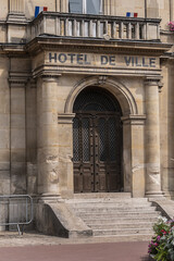 Current Melun Town Hall (Hotel de Ville), combining neoclassical and neo-Renaissance styles, was built between 1846 – 1848. Melun, Seine-et-Marne department, Ile-de-France region, France.