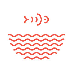 Fish jumping from water waves logo. Poke bowl logotype in linear style. Fish ramen noodles soup symbol isolated. Seafood icon for restaurant, food delivery, store, menu collection