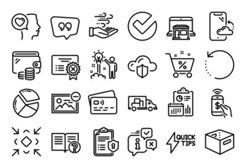 Vector set of Reject certificate, Truck transport and Quote bubble line icons set. Calendar report, Money wallet and Credit card tag. Privacy policy, Recovery data and Marketplace icons. Vector