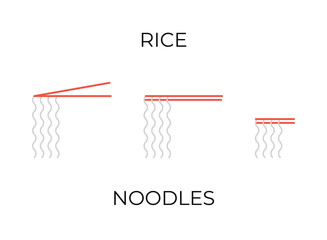 Chopsticks holding rice noodles icons set. Rice noodles different illustrations collection for restaurant menu or delivery website. Thin line style vector symbols isolated